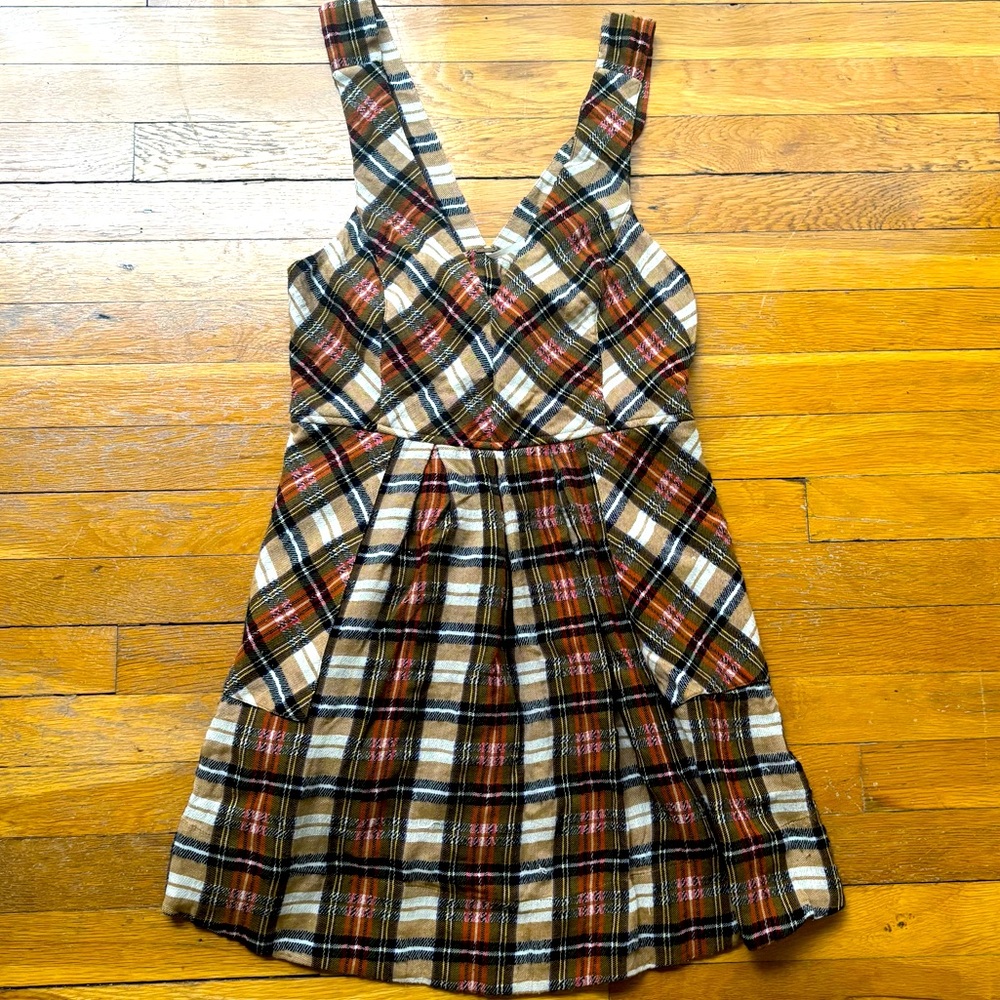 Free People Plaid Mini Dress Pinafore Size Small White Red Green
